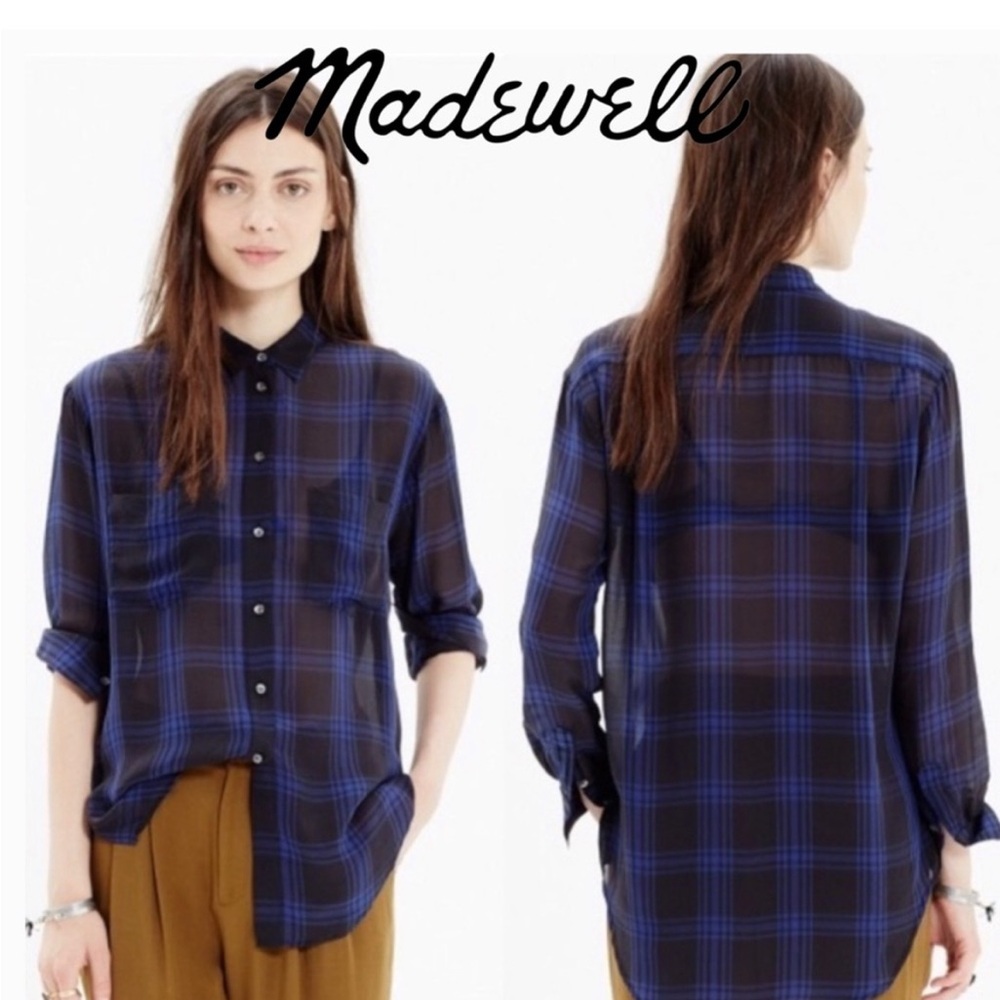 Madewell Long Sleeve Button Down Plaid Shirt 100%
Silk Black Blue Small